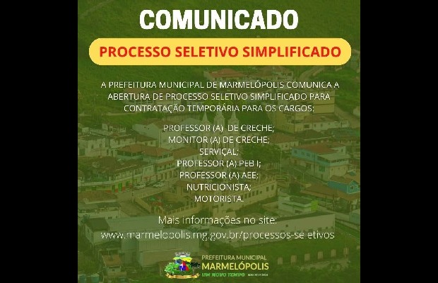 Prefeitura Municipal de Marmelópolis abre processo seletivo para várias áreas.
